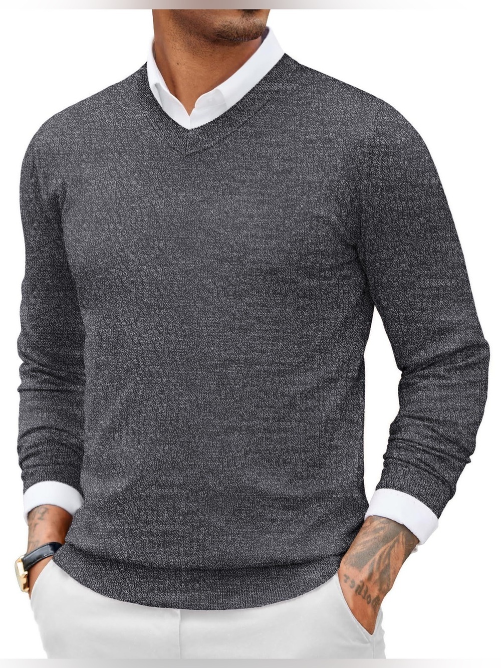 Coofandy Men’s Medium Dark Grey Black Heathered V-neck Knit Pullover Sweater